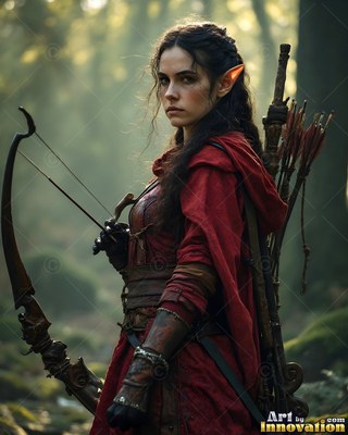 Holding a wooden bow, a dark-haired elven woman in a red hooded cape stands in the woods