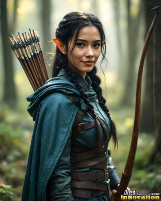 Elf woman in a teal cloak holding a bow in the woods