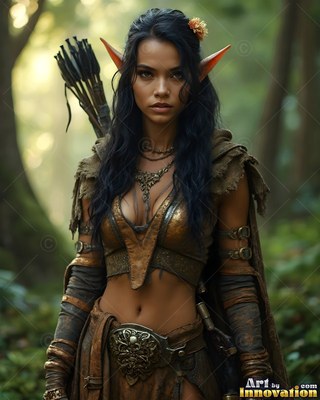 Long pointed ears frame an elf woman carrying arrows on her back in a green forest