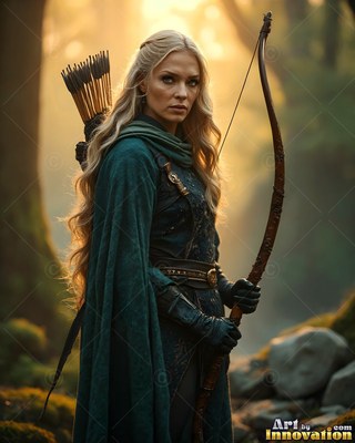 Turned sideways in a sunny forest, a blonde woman holds a tall wooden bow