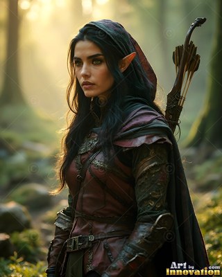 An elf woman in a hooded leather cloak grips a bow in a sunny forest