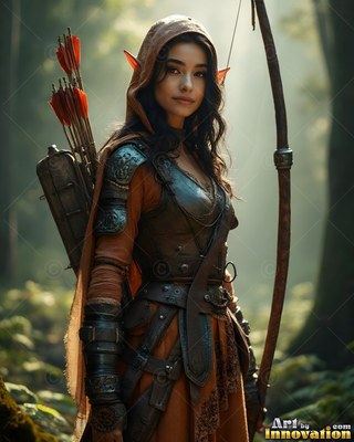 In a sunlit forest, a hooded elf woman holds a bow with arrows on her back
