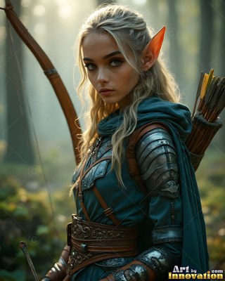 Holding a wood bow, an elven woman stands in green armor in a sunny forest