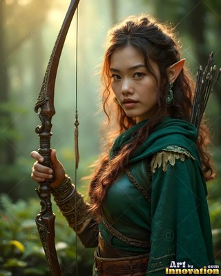 An elf woman holding a tall wooden bow in a green forest hooded travel cloak