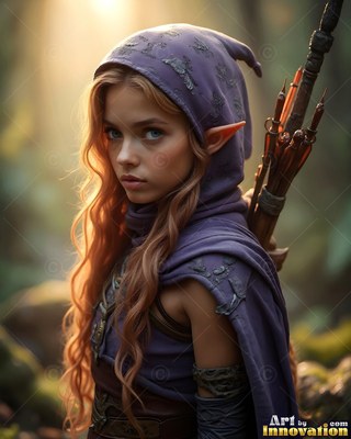Wearing a purple hooded cape, a young elf woman stands with arrows in a sunny forest