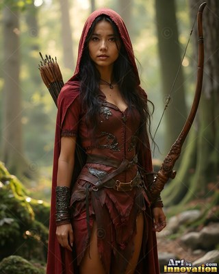 A woman in a dark red cloak holds a tall wood bow in pale green woodland light