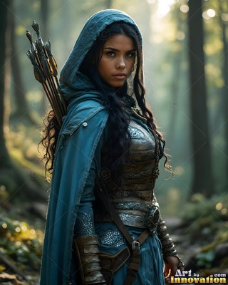 Standing in a sunlit forest, a woman wears armor with a blue hooded cloak