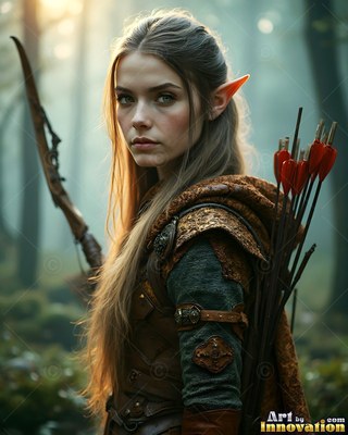 A young woman with pointed ears carries a wood bow and red arrows in a misty woods
