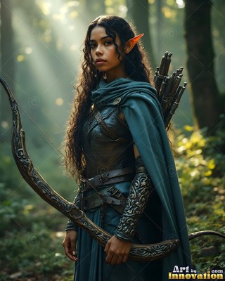 In a forest in sunlight, an elf woman has a bow and wears a teal cloak