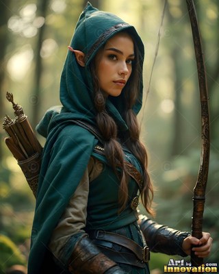 Holding a wooden bow, an elf woman in a green hooded cape looks forward in the forest