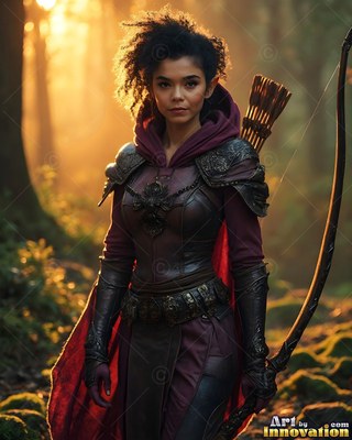 An elven woman with a bow standing in a forest