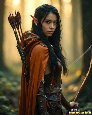 Wearing an orange hooded cape, an elf woman carries arrows through a forest in the sun