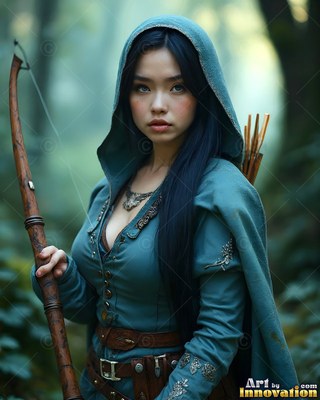 A hooded woman has a tall wooden bow under soft forest light wearing a teal cloak