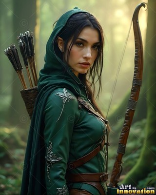 Standing in a green forest, an elf woman carries a wood bow and arrows