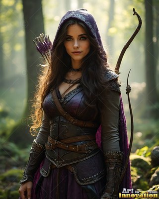 A woman wearing a purple hood and leather armor holds a bow in the woods
