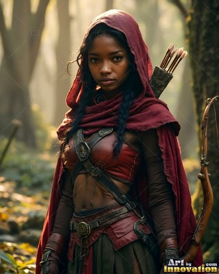 In a forest, a woman stands with a bow and arrows in a red hooded cloak