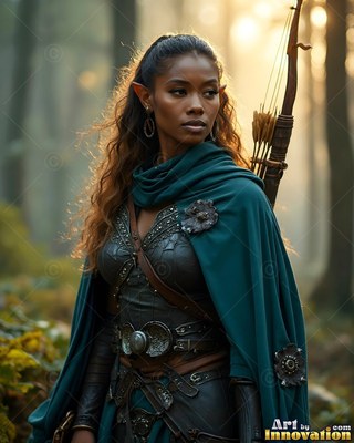 Standing in a forest in the sun, an elf woman carries a bow and dark green cape