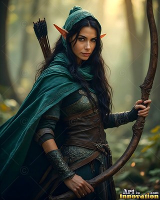 Elf woman with a bow and a green hooded travel cloak in a forest