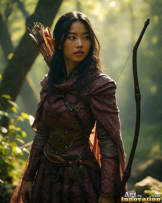An elven woman with pointed ears holds a long bow in a sunny, green forest