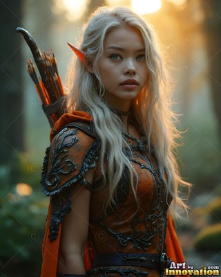 An elf woman stands with arrows on her back in soft golden woods sunlight