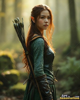 Turned in profile in a dim forest, an elf woman carries arrows on her back
