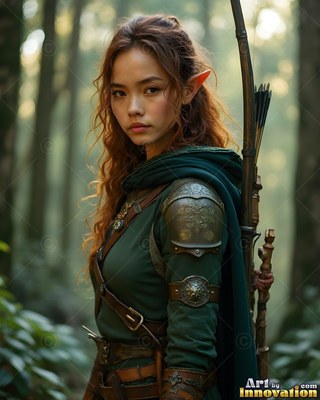 An elf woman in green stands in the woods with a bow and arrows