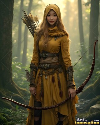 In a misty forest, a hooded woman in a yellow dress stands holding a bow