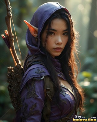 Carrying a bow, an elf woman in a purple hood pauses in a sunlit forest