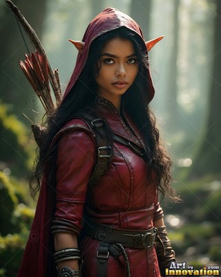 Elf woman in a red cloak with a hood carries a bow in the forest