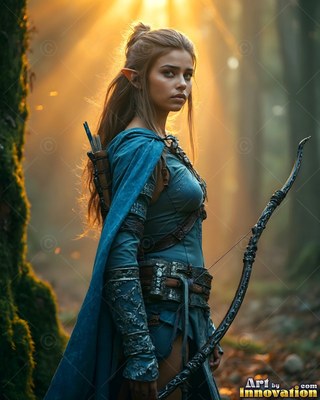 A blue cloak with a hood drapes over an elf woman holding a bow in a sunlit forest