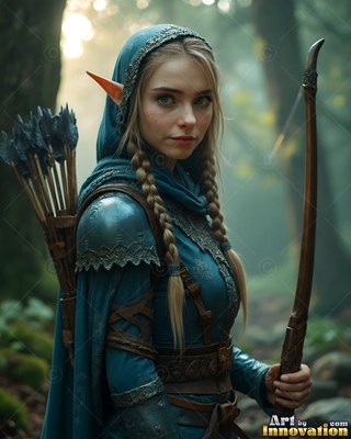 An elf woman holds a tall wooden bow in a misty forest, wearing a blue hooded cloak