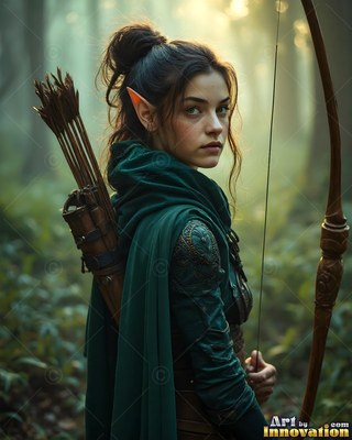 Turned sideways in a misty forest, an elf woman has a tall wood bow