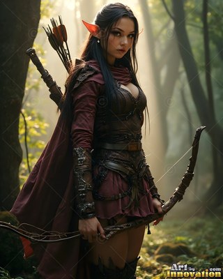 An elf woman in red leather armor holds a wood bow in the woods