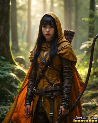 In a sunny forest, a woman in a yellow hooded travel cloak holds a curved bow