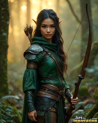 Elf woman in green clothes holds a wooden bow in the woods