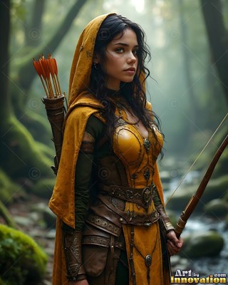 Wearing a yellow cloak with its hood up, a woman grips onto a bow in a misty green forest
