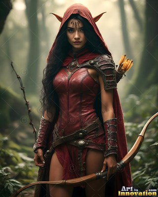 An elf woman grips a wooden bow in a misty forest dressed in deep red leather