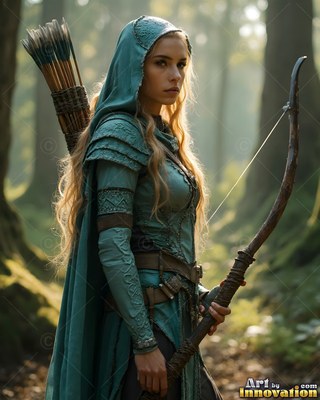 Standing in profile in a dim forest, a woman grips a bow in a green hood