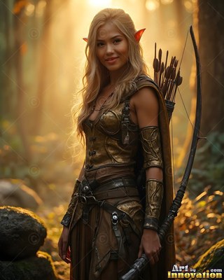 A blonde elf woman in brown leather has a bow in a sunny forest