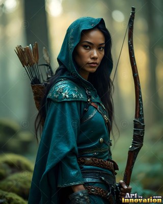 In a foggy forest, a hooded woman has a wood bow with arrows on her back