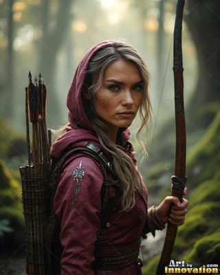 Holding a wooden bow, a woman in a red hood carries arrows in a mossy forest