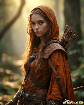 A woman in an orange hood with arrows on her back in a forest
