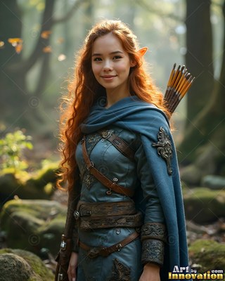 A blue cloak covers an elven woman with arrows on her back in a green forest