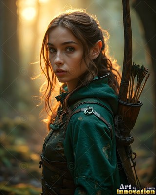 An elf woman looks back in a dark forest under warm golden sunlight