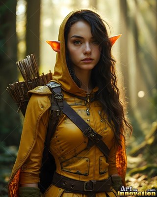 Facing forward in a forest in the sun, an elf woman wears a yellow hooded tunic