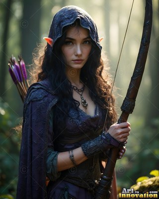 An elf woman in a dark purple hood holds a wood bow in a sunny forest