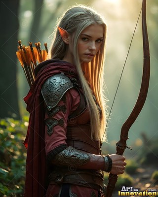 In a forest, a blonde elf woman in a red tunic holds a wooden bow