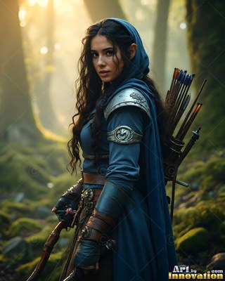 Holding a bow in a misty forest, an elf woman wears a blue hooded cloak and leather armor