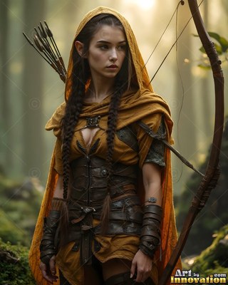 An elf woman in a yellow cloak with a hood holds a bow in the woods