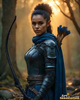Wearing a blue cloak and holding a bow, an elven woman stands in a misty forest at dusk
